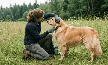 a women searching for tick on her dog