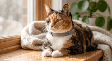 cat wearing fur life 8 month flea and tick collar, grey color