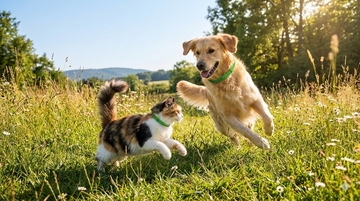 dog and cat wearing furlife flea and tick collar playing in the field