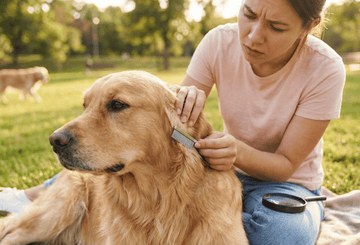 dog parent looking for a tick on her dog