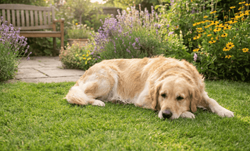 golden retriever dog laying in the garden
