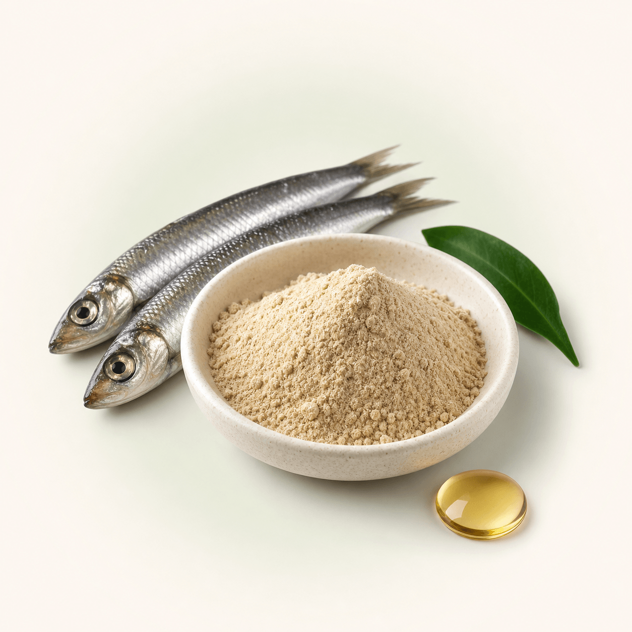 Anchovy oil powder displayed with fresh anchovies and a golden oil droplet