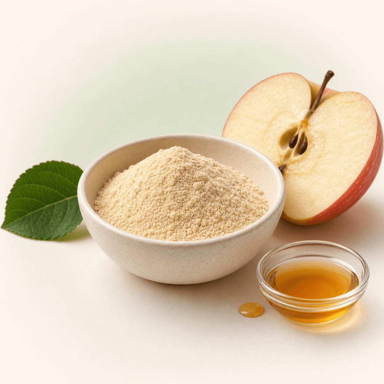 Apple cider vinegar powder displayed with a fresh apple and amber vinegar