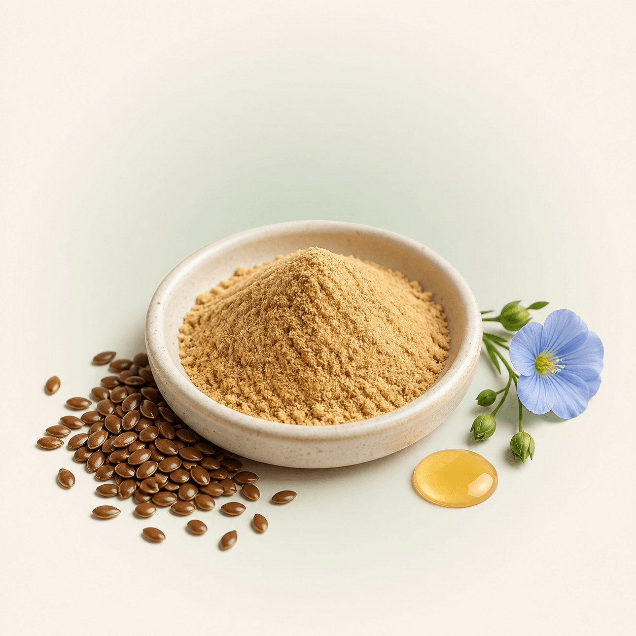 Flaxseed oil powder displayed with brown flaxseeds, flax flowers and golden oil