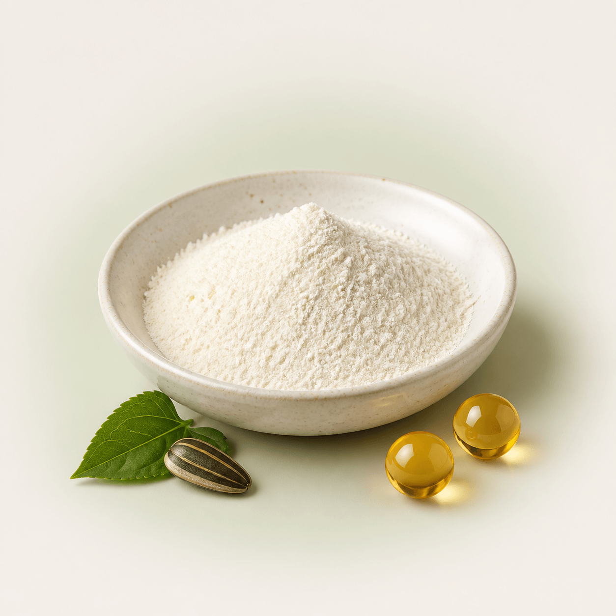 Vitamin E acetate powder displayed with golden oil pearls and sunflower seeds