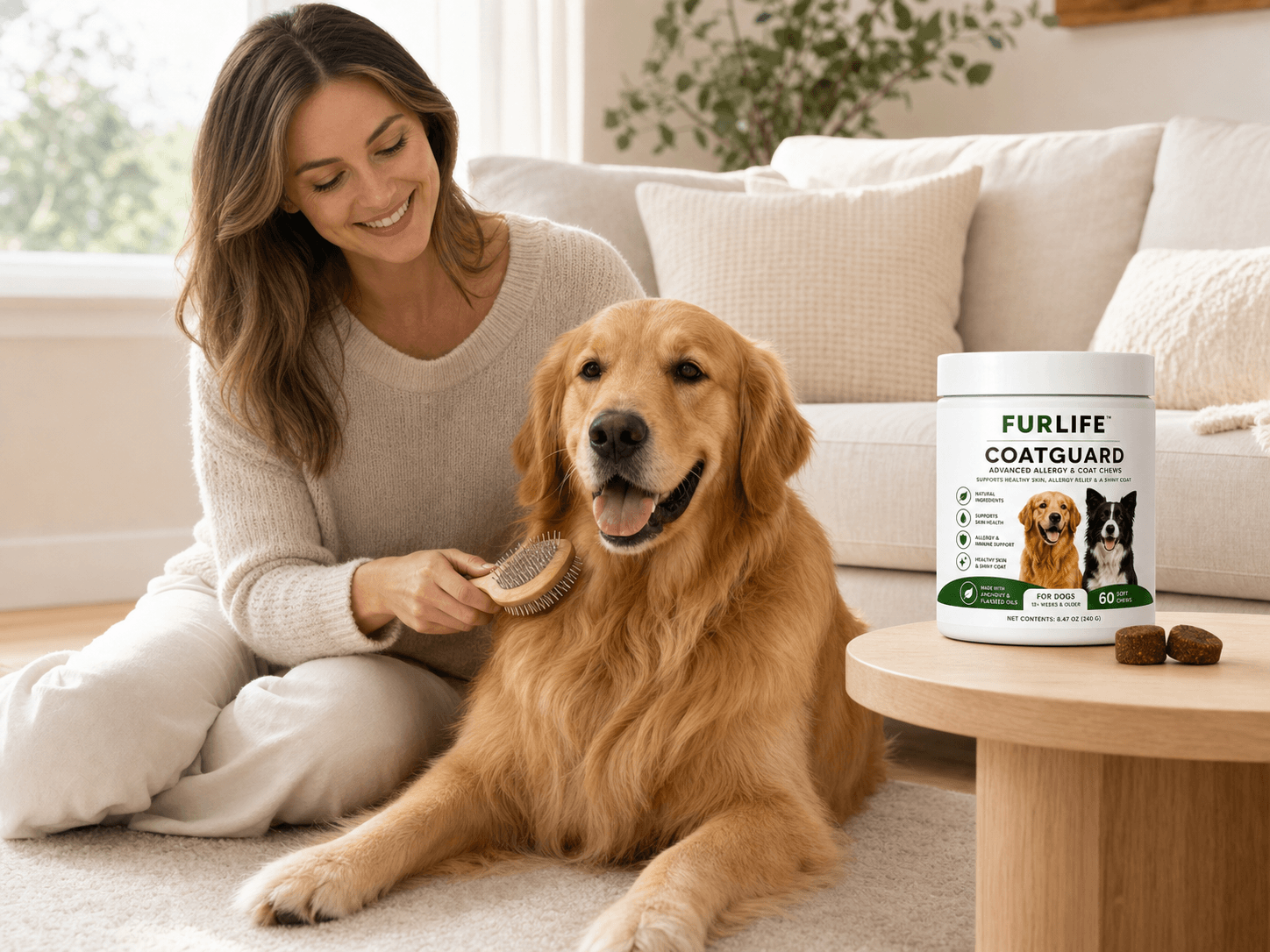 Dog owner gently brushing her golden retriever beside a FurLife CoatGuard jar and soft chews