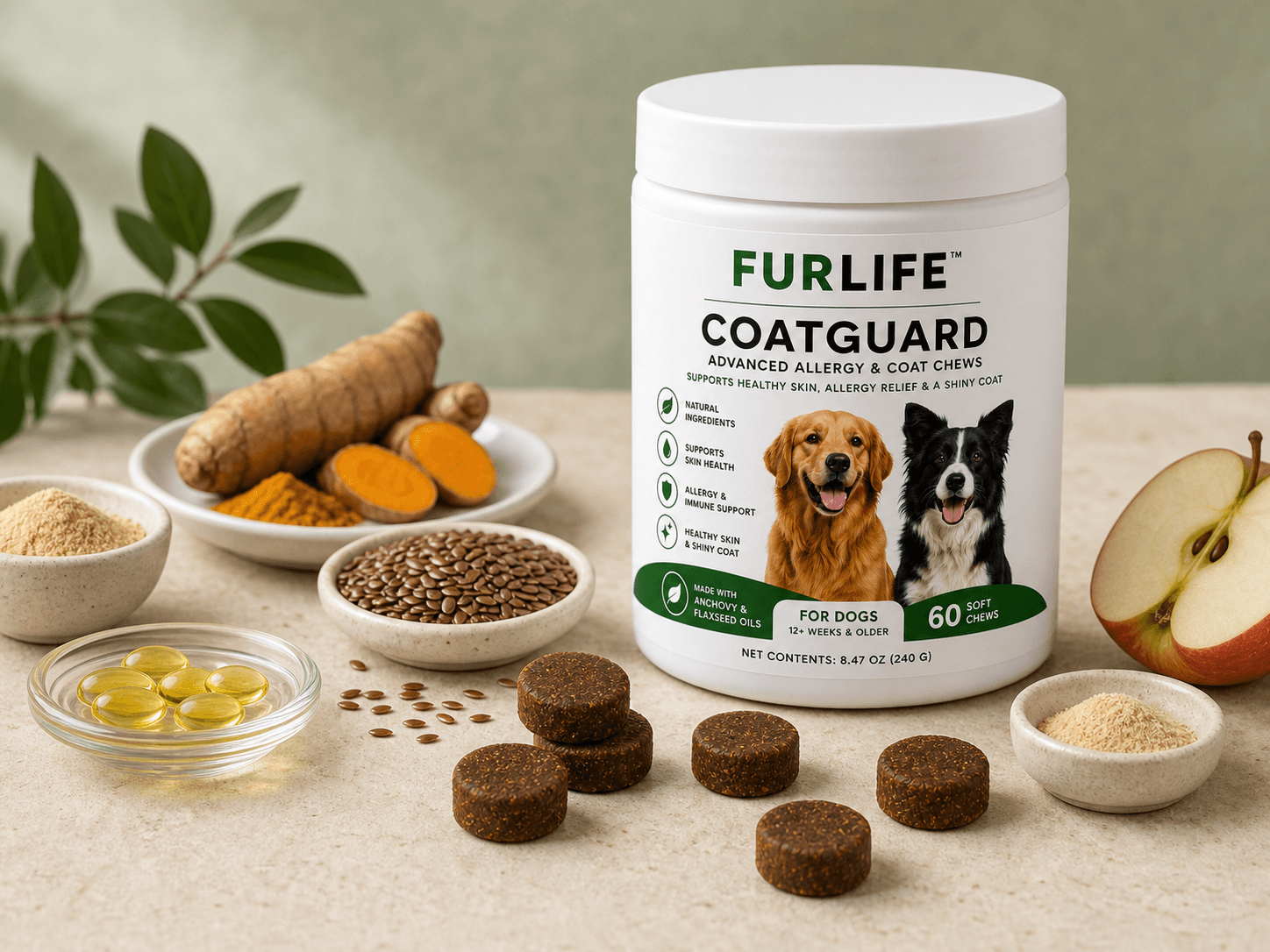 FurLife CoatGuard jar and soft chews arranged with flaxseed, turmeric, apple and oil ingredients