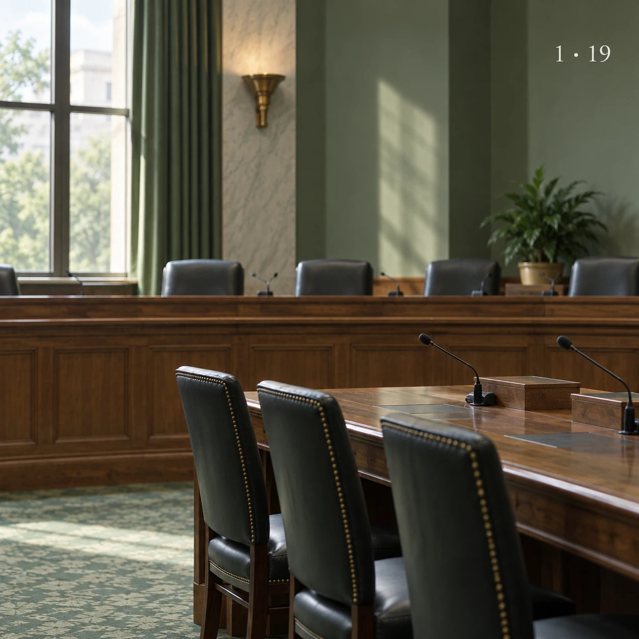Empty federal hearing room. Vote tally: 1 · 19.
