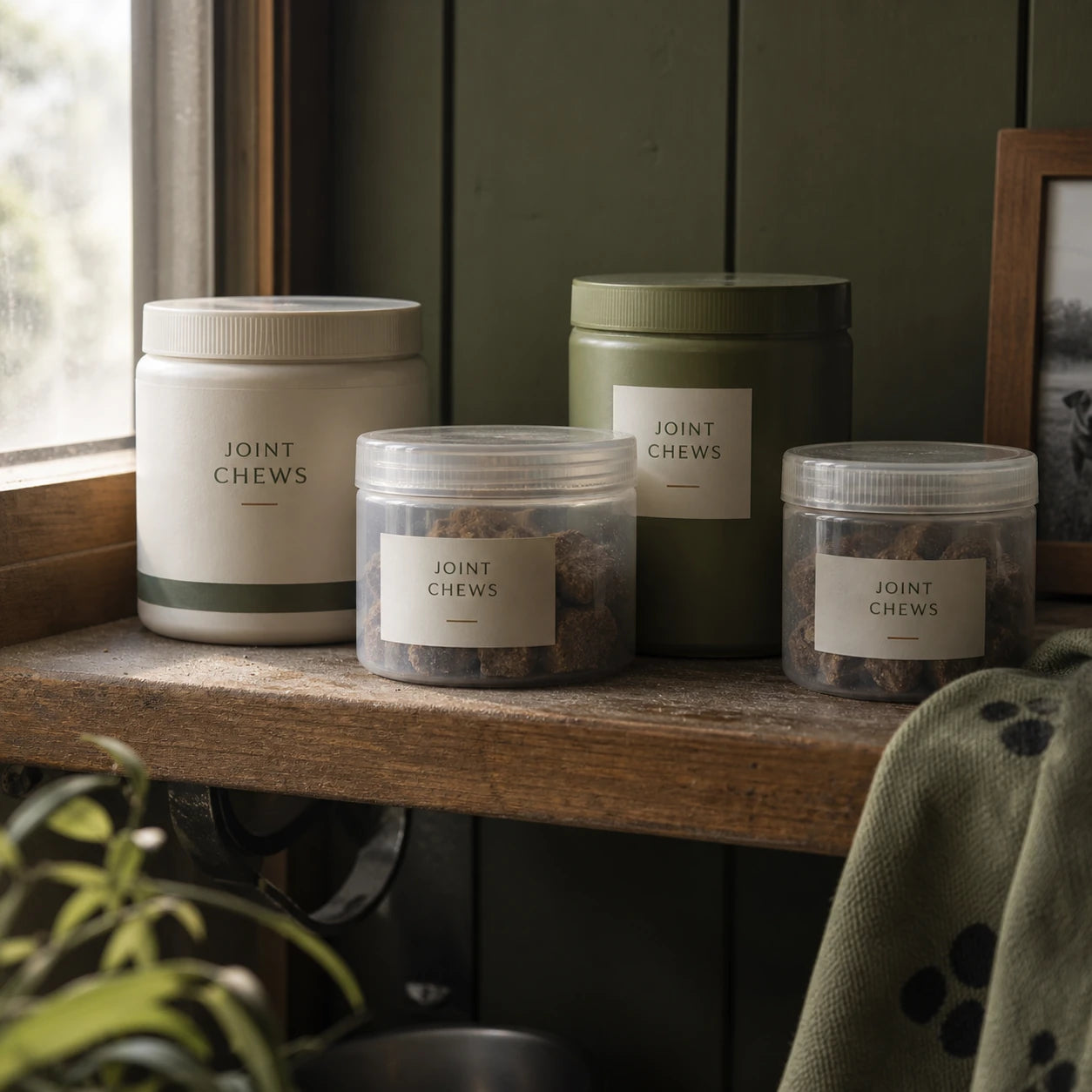 Four different joint chew tubs lined up on a shelf, dusty, low light. Two still half full..