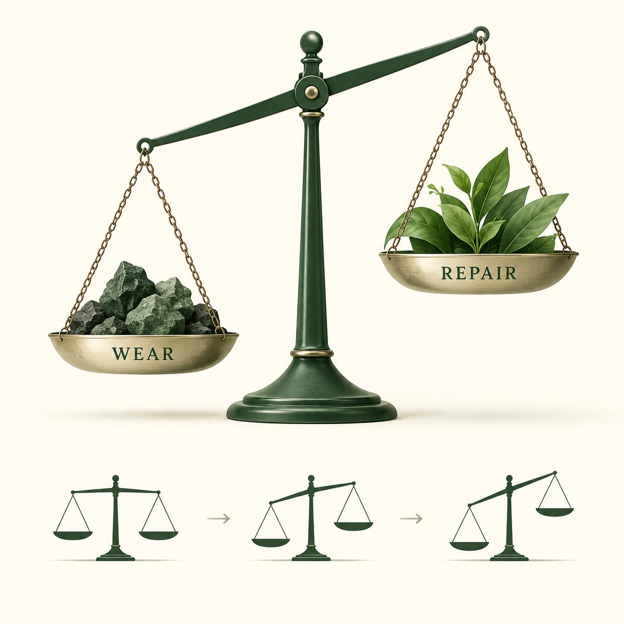 Balance graphic — WEAR on one arm, REPAIR on the other, tipping over years.
