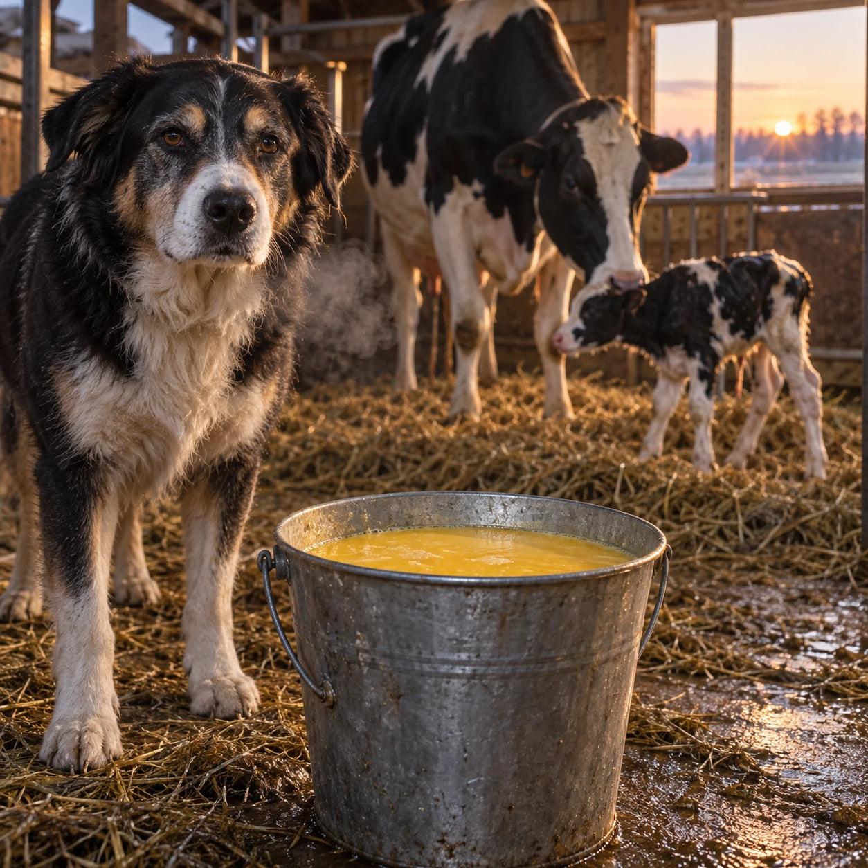 Pre-dawn dairy, breath visible. First colostrum in a steel pail — thick, deep yellow. A farm dog waiting beside it.