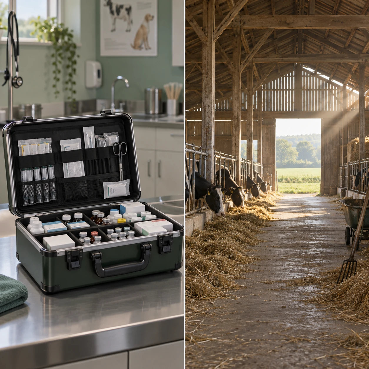Split — branded pharma sales case on a clinic counter vs. an empty barn, no signage.