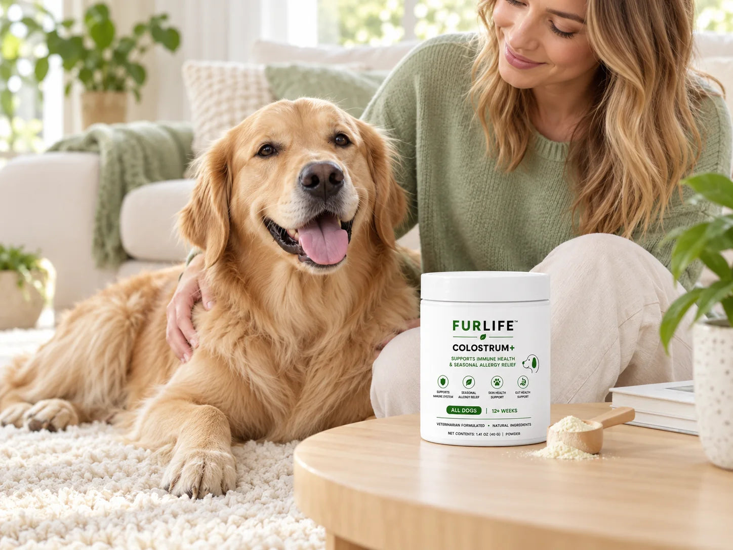 FurLife Colostrum+ with a golden retriever at home