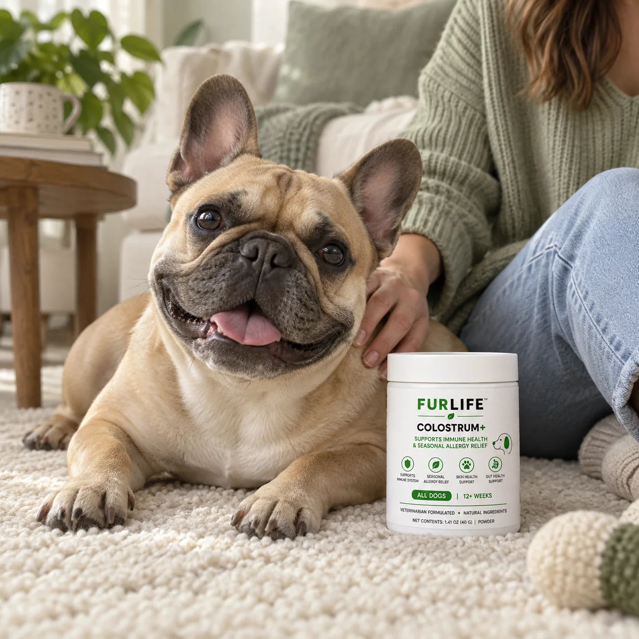 Illustrative dog and Colostrum+ daily care scene