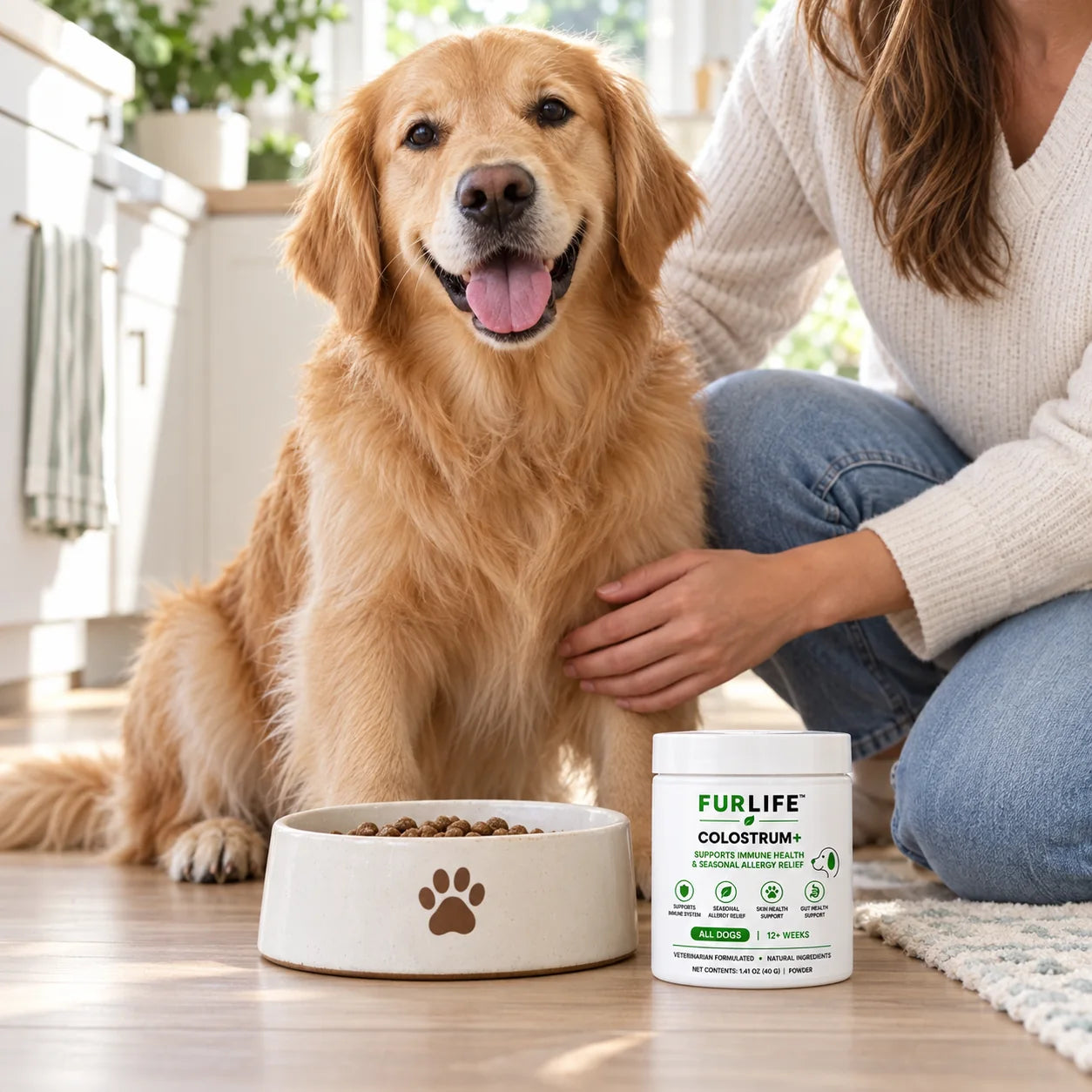Illustrative dog and Colostrum+ daily care scene