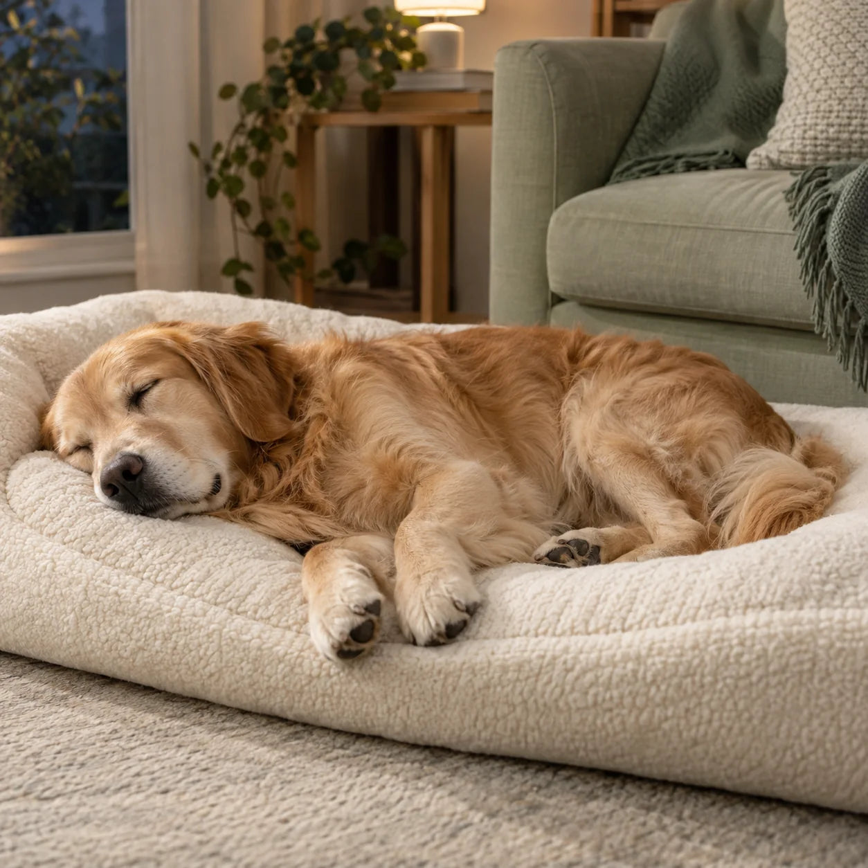 A golden retriever resting comfortably