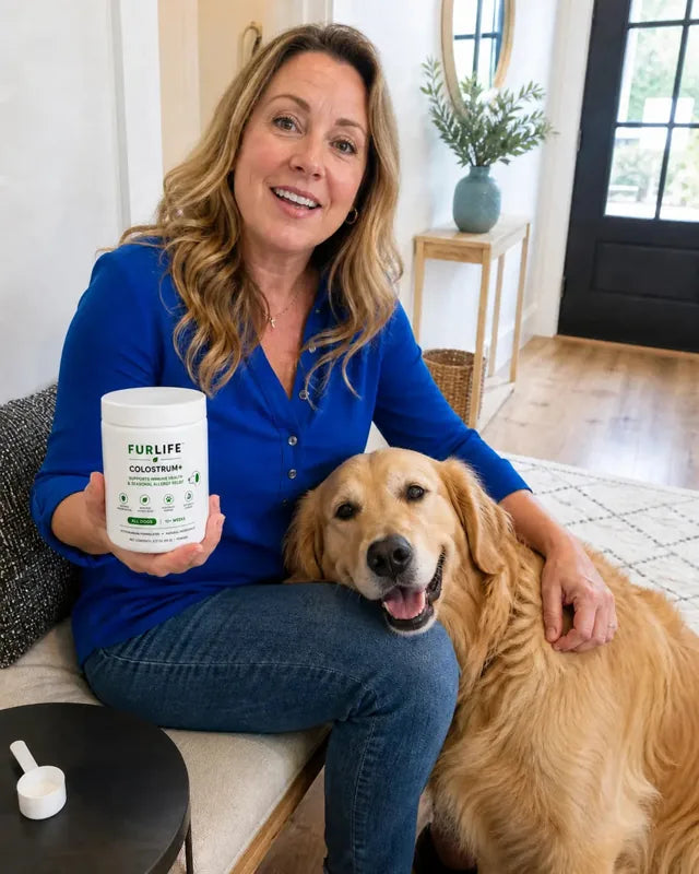 Pet parent with their dog and FurLife Colostrum+