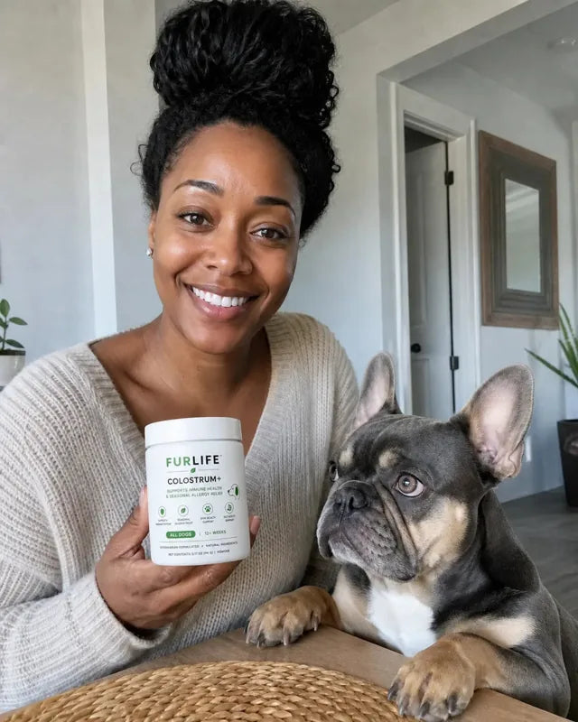 Pet parent with their dog and FurLife Colostrum+