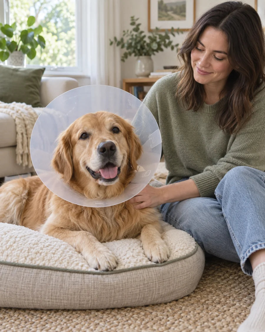 A golden retriever wearing a recovery cone resting beside its owner at home