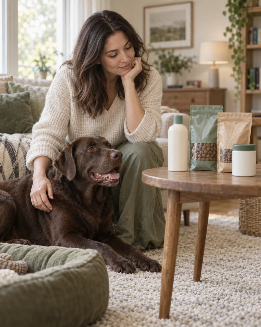 A dog parent considering food, shampoo and supplements beside her Labrador